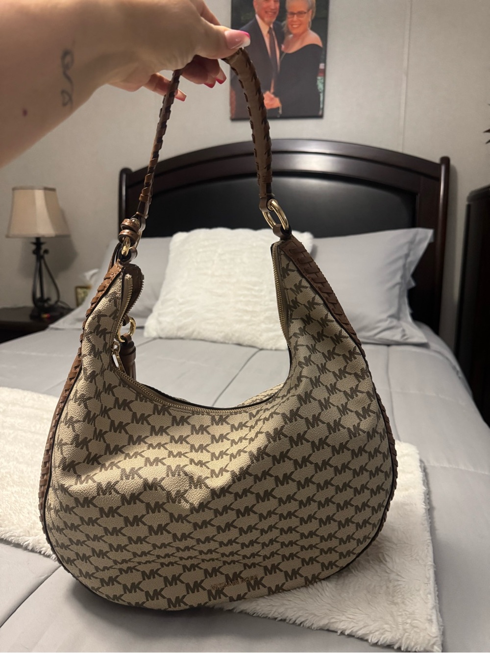 Michael Kors Beige and Brown MK Logo Crescent Hobo - Picture 1 of 7